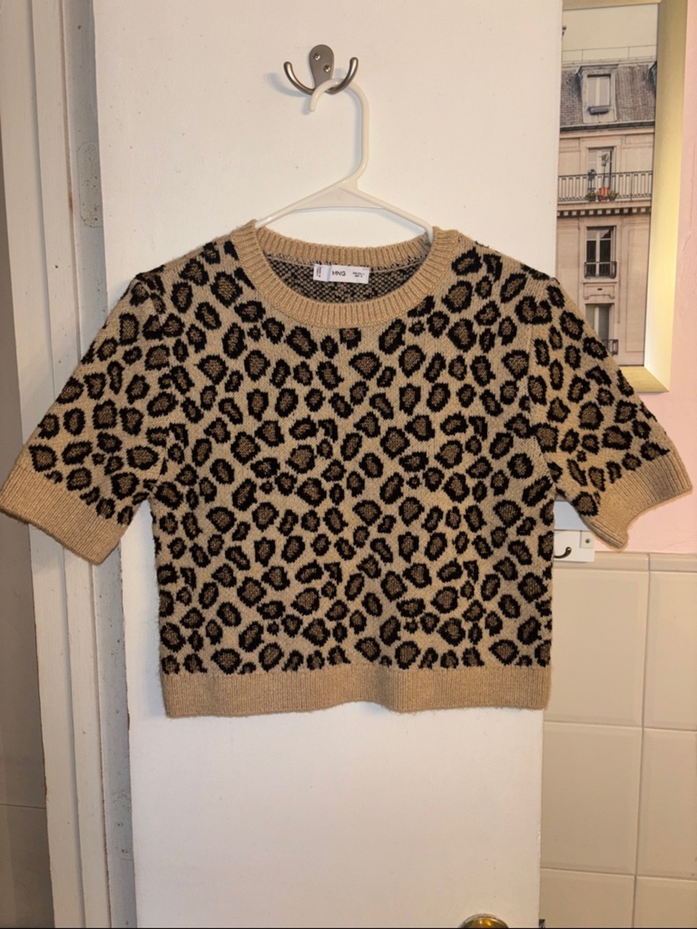 Mango Leopard Print Short Sleeve Sweater in Tan and Black